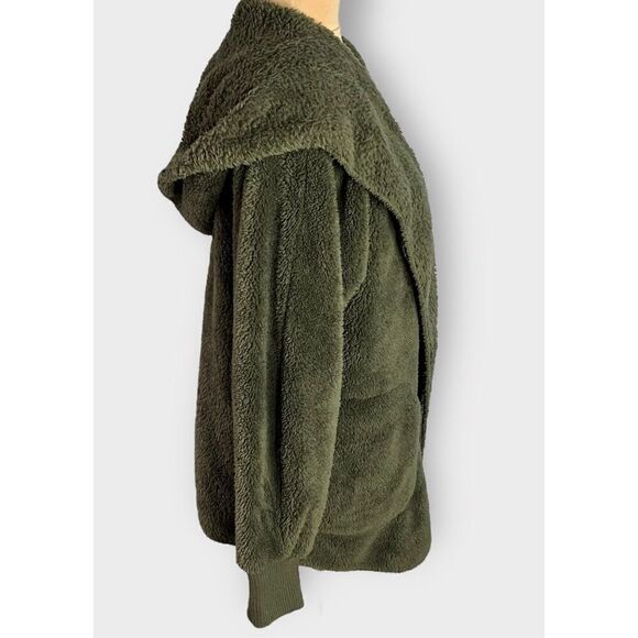 HEM & THREAD PLUSH FUZZY HOODED JACKET W/ POCKETS OLIVE WOMEN’S ONE SIZE - Picture 5 of 8
